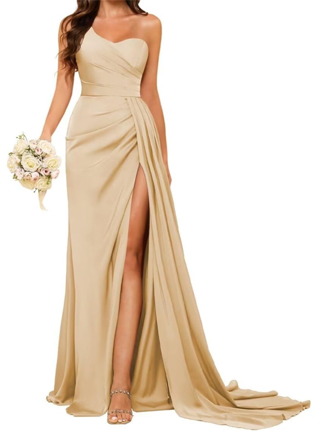 Hppee Women's Champagne One Shoulder Bridesmaid Dresses For Wedding Mermaid Long Satin Prom Dress With Slit Uk6