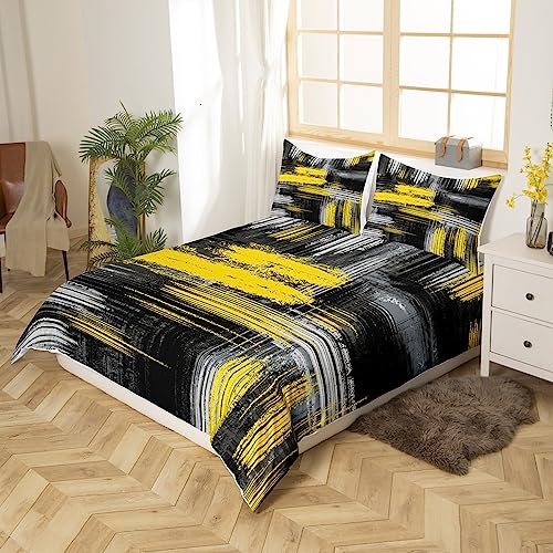Yellow Black and Grey Duvet Cover Abstract Yellow and Black Comforter Cover Geometric Artistic Smear Bedding Set for Kids Boys Girls Abstract Graffiti Art Bedspread Cover Bedclothes Single - Image 3
