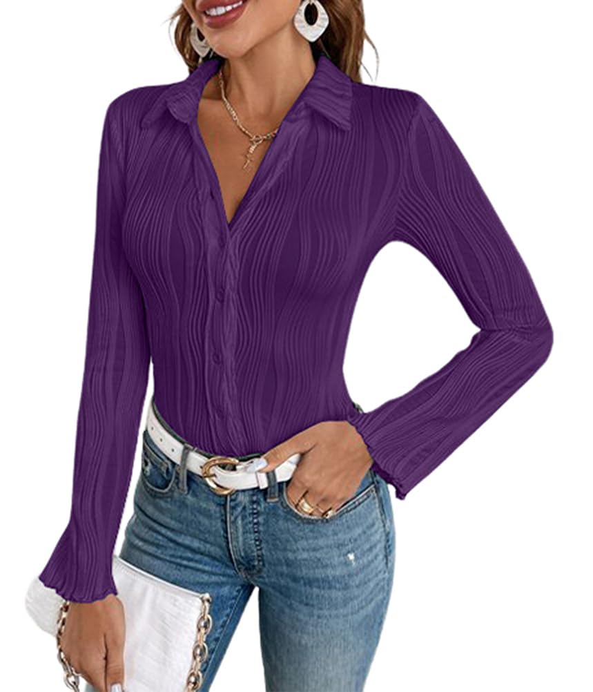 Camicia Plissettata Donna Manica Lunga Curvy Elegante Cerimonia Camice Avvitata Casacca Slim Fit Camicetta Blusa Aderente Chemisier Estiva Tessuto Morbido