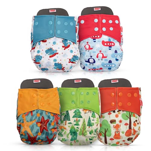 Image of LuvLap Reusable Baby Cloth Diapers Combo Pack of 5 (5 Shell + 5 Pads) Double Leak Guard, High Absorption, Stain-Proof Comfort & Protection, 3m+, Rash Free, Adjustable Waist & Height with Snap Buttons