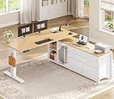 SEDETA L Shaped Electric Standing Desk, 55' x 55' Height Adjustable Office Executive Desk with 6 Fabric Drawers and Storage Shelves, Sit Stand Computer Desk with Power Outlet for Home Office (Oak)