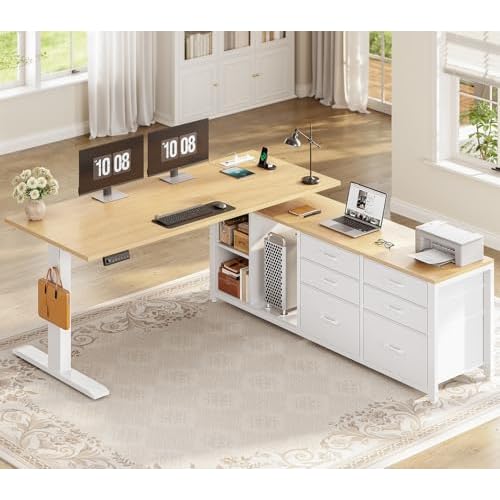 SEDETA L Shaped Electric Standing Desk, 55" x 55" Height Adjustable Office Executive Desk with 6 Fabric Drawers and Storage Shelves, Sit Stand Compute
