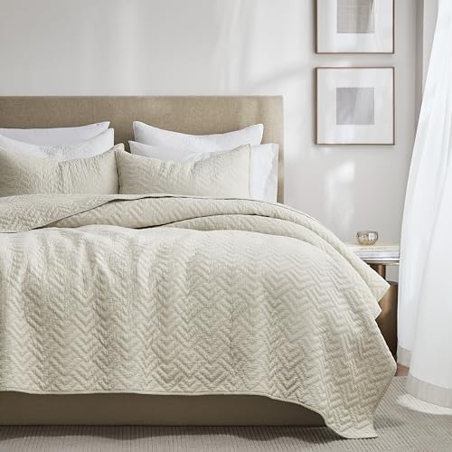 Image of palassio Beige 100% Cotton Quilt Queen Size Bedding Sets with 2 Pillow Shams, Lightweight Textured Farmhouse Country Bedspread Soft Shabby Chic Patterned Coverlet for All Season, 3 Pieces