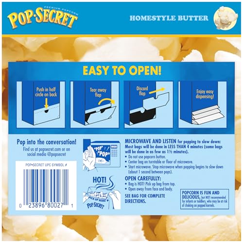 Image of Pop Secret Popcorn, Homestyle Butter Microwave Popcorn, 3 Ounce (Pack of 18)