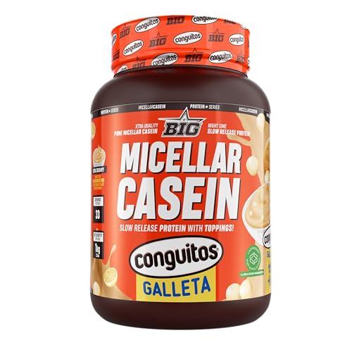 BIG - Caseina Micelar - Caseina Proteina de Liberación Sostenida para Recuperación y Masa Muscular - Baja en Grasas y Carbohidratos con Textura Cremosa (Toppings (trocitos), Conguitos Galleta White)
