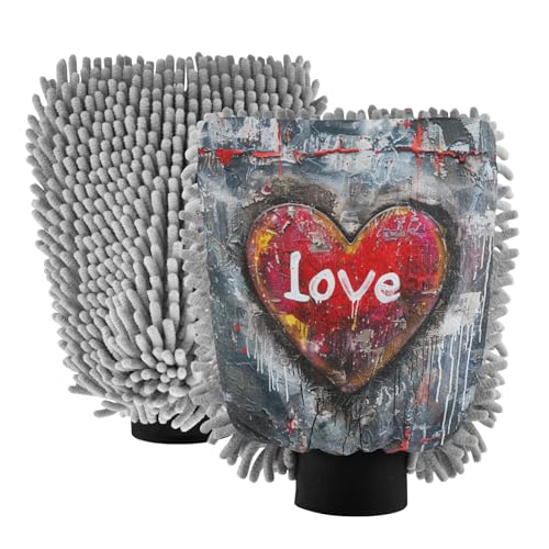 ALAZA Loving Heart Graffiti Car Wash Mitt Scratch Free, 2 Pack Absorbent Microfiber/Chenille Washing & Drying Mitts, L