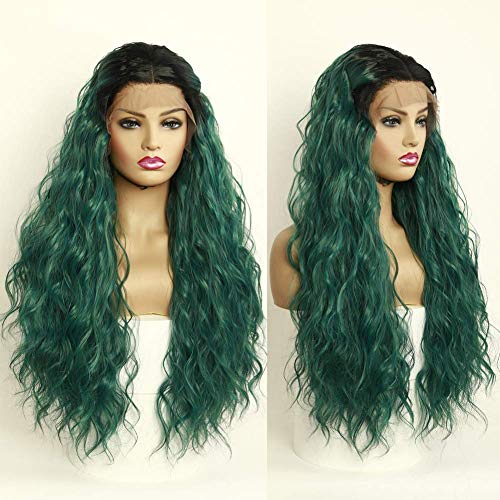 Giannay Ombre Green Lace Front Wigs for Women Long Synthetic Wigs Natural Wave Lace Wigs 2 Tone Dark Roots Mixed Color Green Wigs Cosplay Pre Plucked Hairline Heat Resistant Fiber 24-26 Inch