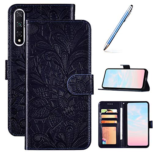 Robinsoni Case Compatible with Huawei Honor 20 Phone Case Wallet Case Leather Phone Cover Shockproof Kickstand Case Notebook Cover Flip Stand Book Style Case Heavy Duty Case Lace Flower Blue