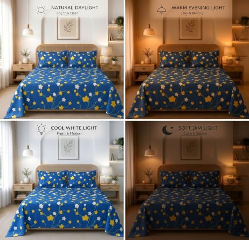 Image of HOMEKART Glace Cotton 160 TC Star Double Bedsheet with 2 King Size Pillow Covers | Soft & Durable | 86 x 88Inches (Dark Blue & Yellow)