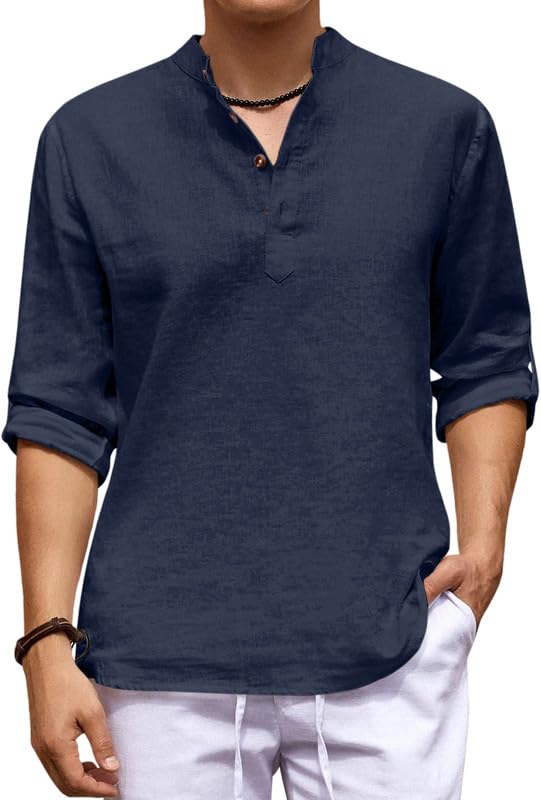 Image of ROYALSCOUT Men's Cotton Blend Casual Short Kurta Shirt with Notch Neck and Button Detail | Full Sleeve Straight Fit Lightweight Ethnic Top for Summer