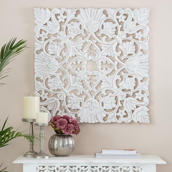 Adeez Gallery 30 in. x 30 in. Bayton White Square Medallion MDF Wooden Wall Art
