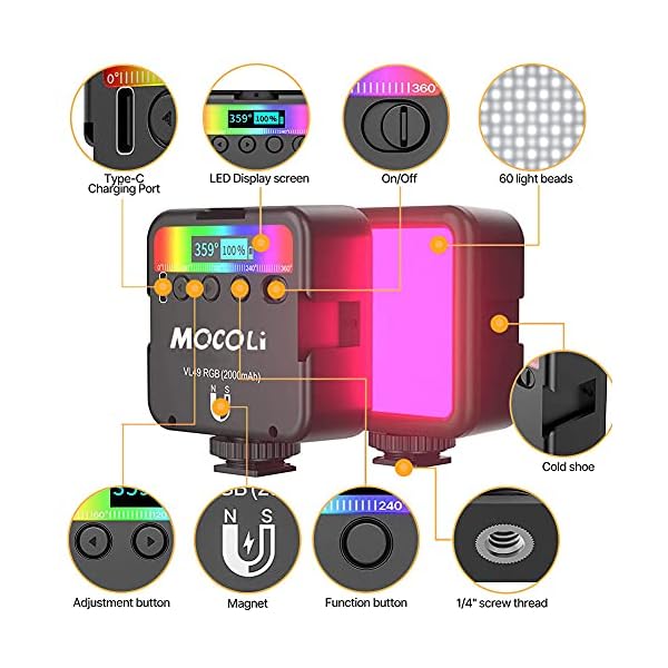 Led Videoleuchte RGB, Mini RGB Video Kamera Licht Volle Farbe Fotolicht mit Dimmbar 2500K-9000K Magnetisches Vlog… – Bild 7
