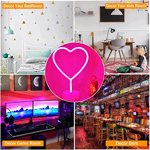 Image of Neon Heart Sign Pink LED Light with Base, USB /Battery Powered Heart Decor for Bedroom, Valentine's Day Decor