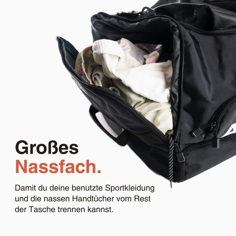 LODA Trolley (75L) Multifunktionale Sporttasche mit Rollen & Teleskopgriff | Rucksackfunktion - Unterteilbares Hauptfach, Schuh-, Nass- & Duschfach - Ideal für Mannschaftssport, Training & Reisen
