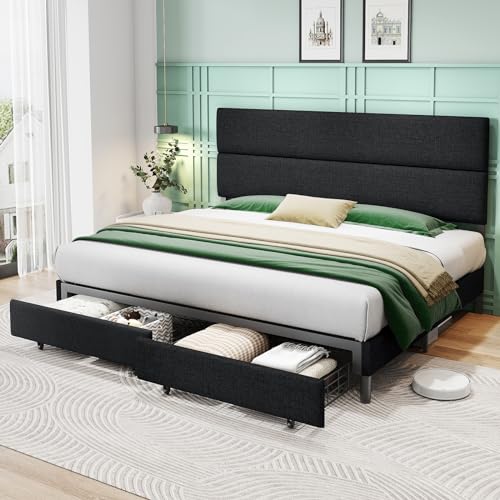 AMERLIFE Queen Size Black Linen Upholstered Bed Frame with 2 Drawers and Adjustable Headboard