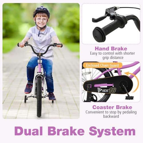 Image of BABY JOY Kids Bike, 12 14 16 18 Inches Sporty Bicycle with Training Wheels, Adjustable Seat, Handbrake & Coaster Brake, Reflectors, Girls Boys Bike for 3-8 Years Old Children