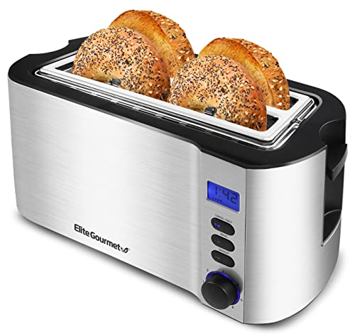 Comparison: Large Slice Toaster 7 Elite Gourmet ECT4400B# Long Slot 4 Slice Toaster, Countdown Timer, 6 Toast Setting, Defrost, Cancel Function, Built-in Warming Rack, Extra Wide Slots for Bagel Waffle, Stainless Steel