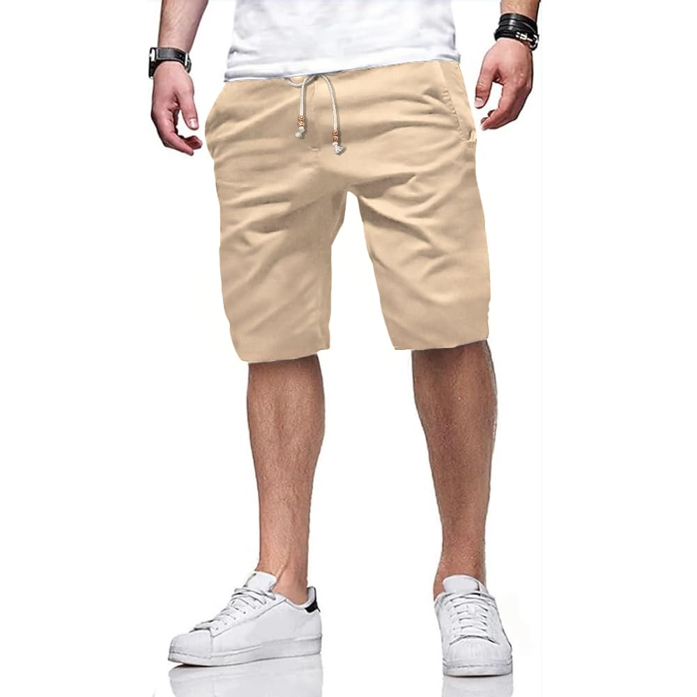 Tansozer Men's Khaki Summer Casual Cotton Shorts With Pockets Elasticated Waist M