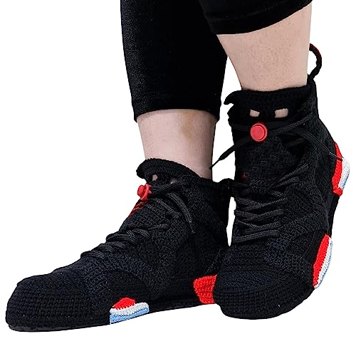 Custom Air Sneakers 6 Black Infrared Crochet Sneakers Slippers - Handmade Basketball Sneaker Style Knitted Booties, Personalized Funny Lightweight Cozy Shoes, Streetwear Hip Hop Style Comfort Shoes