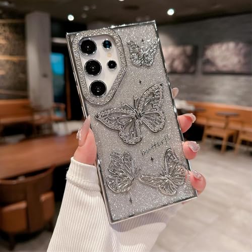 Image of Elzzi Electroplated Butterfly Phone Cover for Samsung S25 Ultra Case, Showcasing Pearlescent Diamond Soft TPU, Camera Protection, Shockproof, Drop-Resistant Stylish for Girls & Women (Silver)