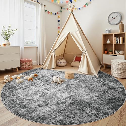 Round Rug 8ft Circle Rug Washable: Carpet Circular Area Rug for Entryway Kitchen Bedroom Dining Room Living Room Large 8 Feet Abstract College Dorm Non Slip Low Pile Black Grey