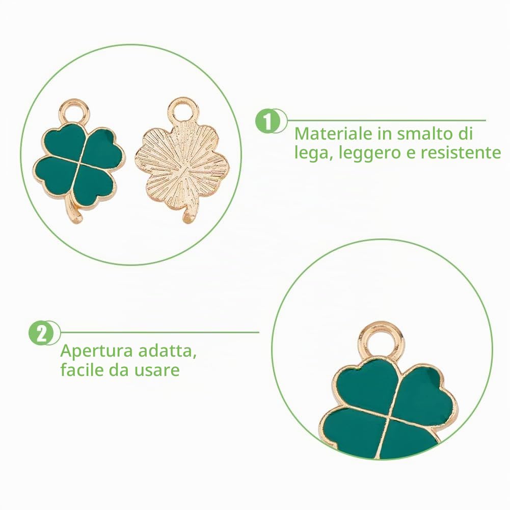 DICOSMETIC Ciondoli a forma di quadrifoglio, in lega smaltata, piccoli ciondoli a forma di trifoglio, verde, portafortuna, per la creazione di gioielli fai da te