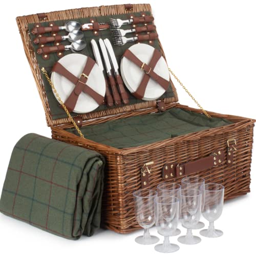 6 Person Green Tweed Classic Picnic Hamper