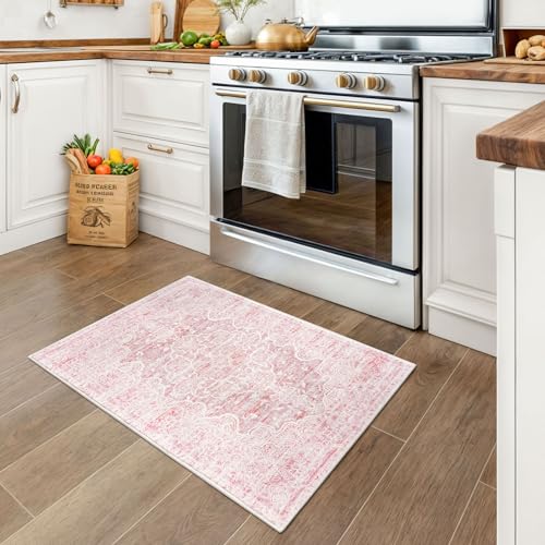 KUTA Vintage Entryway Rug - Indoor Pink Washable 2x3 Non-Slip Ultra Soft Printed Oriental Floral Doormat Accent Rug for Entrance and Bedroom Nursery