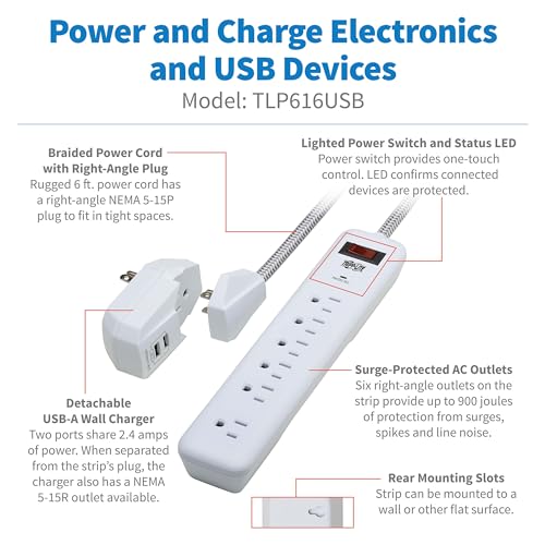 Tripp Lite Protector Eléctrico con 7 Tomas y 2 Puertos USB, Cable 6 pies, Color Gris Claro modelo TLP616USB miniatura 3