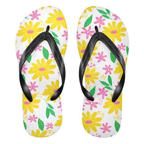 Sinestour Pink Yellow Flowers Leaves Flip Flops for Beach Thong Sandals Anti-slip Lightweight Beach Slippers for Summer Swim Travel