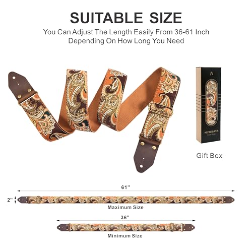 Image of Nefelibata Guitar Strap,Crazy Horse Leather Jacquard Embroidery Cotton Guitar Straps for Bass, Electric & Acoustic, Best Gifts for Guitarists(Golden Silk Brown Flower)
