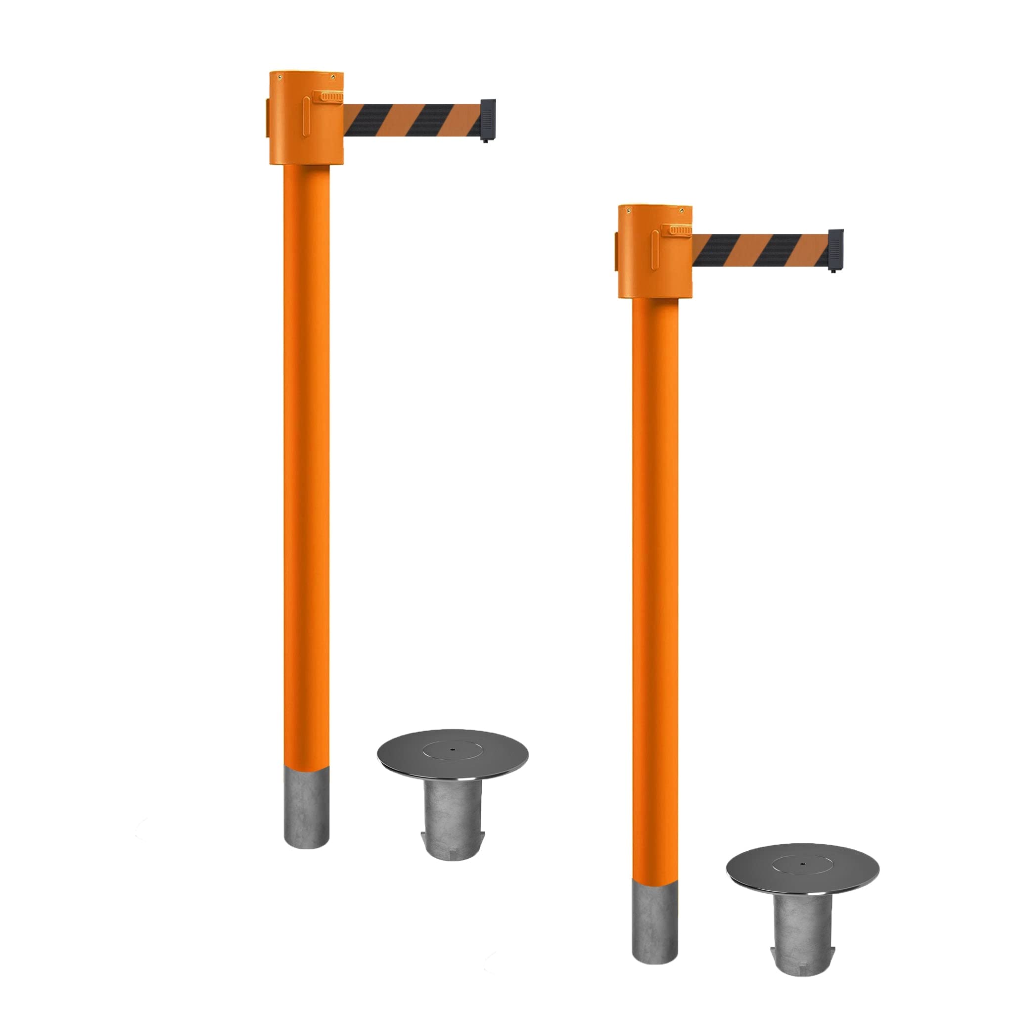 Montour Line MSX760R Set of 2 Retractable Belt Barrier Stanchion, Removable Base, Orange Post (35 ft Black and Orange Diagonal Belt)