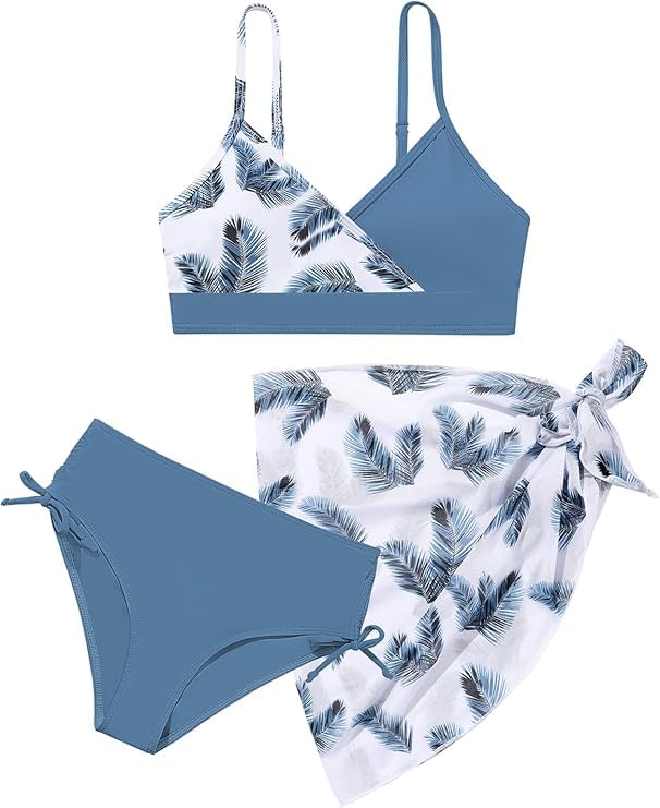Image of Girls Swimsuit V Neck Bikini Set Color Block with Cover Up Skirt 3 Piece Bathing Suits Tween Swimwear 9-16 Years