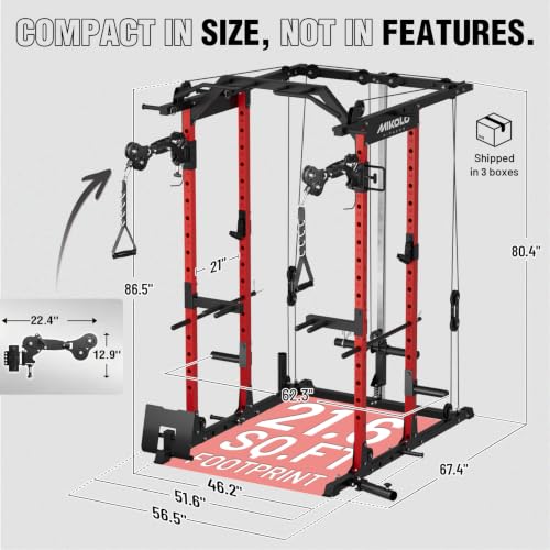 Image of Mikolo Power Cage, Power Rack with Cable Crossover System, 1500LBS Squat Rack with LAT Pull Down System, Workout Cage with Pulley System for Fitness Home Gym