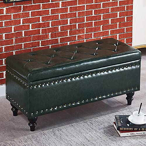 Banco otomano moderno de cuero verde oscuro con capitoné, parte superior elevable, para entrada, zapatero, taburete rectangular, reposapiés, elegante baúl de almacenamiento, 60 x 40 x 45 cm