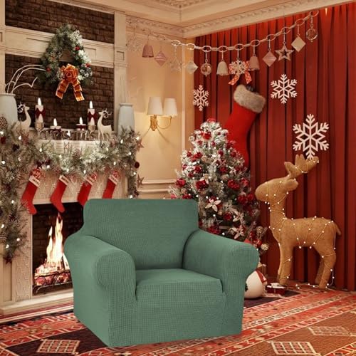 KEKUOU Stretch Single Sofa Slipcover 1 Piece Couch Sofa Cover (31"-55") Furniture Protector 1 Seater Sofa with Elastic Bottom for Kids,Pet.Jacquard Small Checked Pattern Fabric(Small,Greyish Green)