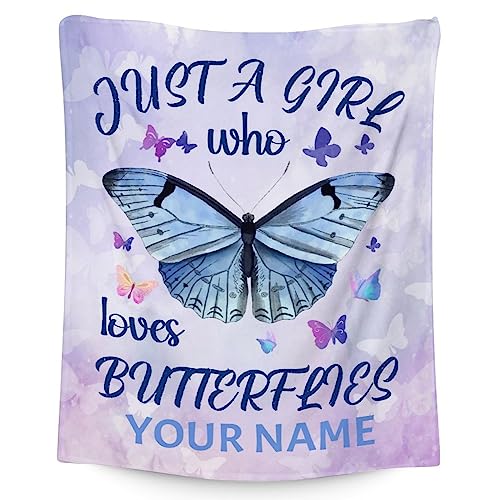 Personalized Butterfly Blanket Gifts with Name - 60"x80" Cute Throw for Women, Girls - Purple Soft Fuzzy Blankets for Bed, Couch & Living Room