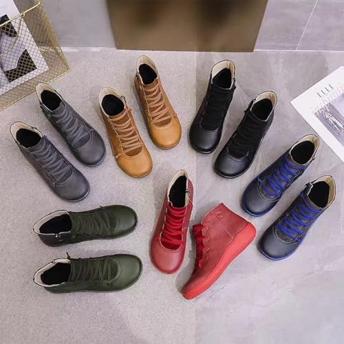 Women's Vintage Casual Short Ankle Boots, 2025 Fall Boot Retro PU Leather Low Heel Flat Cowboy Boots Arch Support Booties Comfortable Slip on Shoes for Women Spring Autumn Winter2