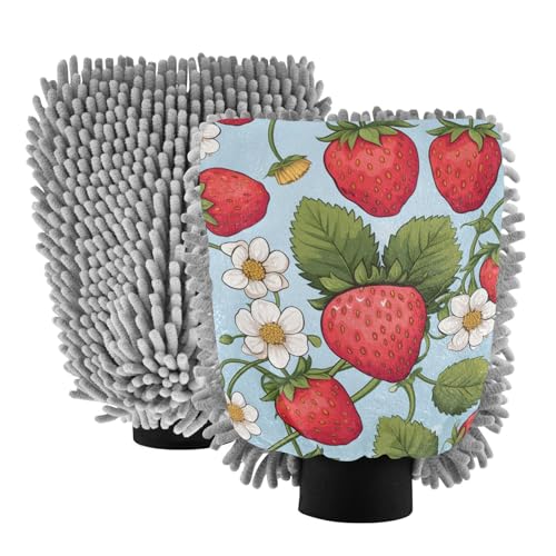 IOACIY Absorbent Microfiber Car Wash Drying Mitts, 2 Pack, Scratch-Free & Lint-Free, Rich Foam, Highly Absorbent, Double Sided, Wash Mitt Perfect for Car Washing, L, Cute Strawberry (8)