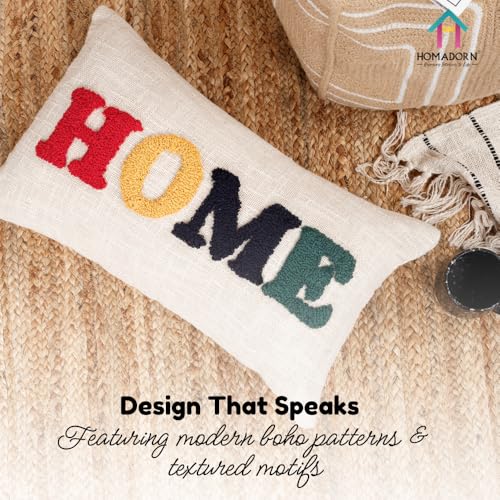Image of HOMADORN 100% Cotton Text Pattern Handtufted /Embroided Decorative Cushion Cover (12X20 Inches) (1, Home Multicolor)