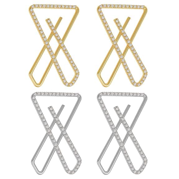 Crystal Stone X Brooch Pins, Silver & Gold, Clip On Saree Dupatta Scarf Hijab Pallu Holder, 4 Pieces-image-13