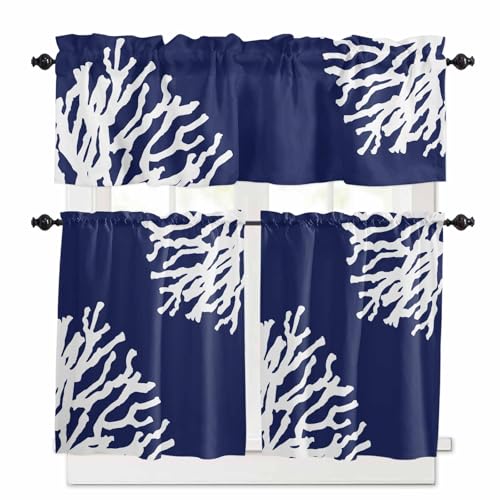 Coral Navy Blue Kitchen Curtains 24 Inch Length, 3 Piece Rod Pocket Small Half Tiers and Valance Set, Coastal Ocean Marine Nautical Beach Small Large Window Treatment Decor for Bedroom/Bathroom Sink