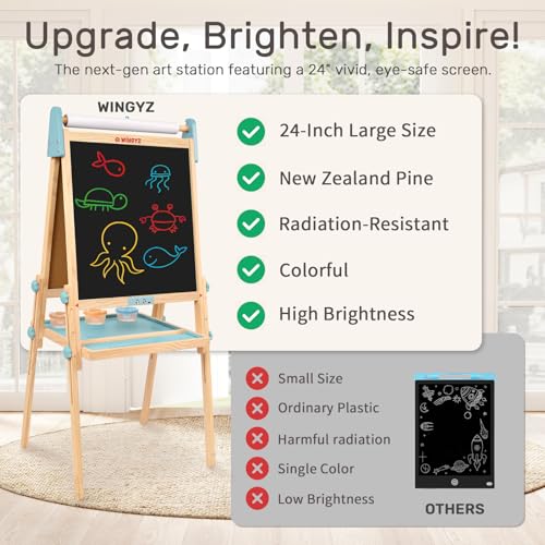 Image of WINGYZ 24 inch LCD Easel for Kids - Wooden Art Station for Ages 3-12 | Color Drawing Tablet, Blue Light-Free Screen, Whiteboard & Paper Roll, Mess-Free Creative Gift for Home & School