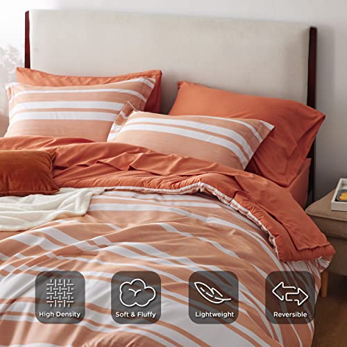 Image of Bedsure Queen Comforter Set 7 Pieces, Burnt Orange Striped Bedding Set for All Seasons, Reversible, Cationic Dyeing Bed in a Bag with Comforter, Sheets, Pillowcases & Shams