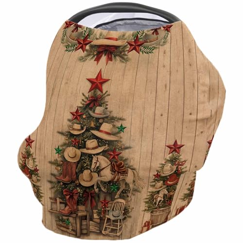 Nursing Cover for Breastfeeding Scarf, Western Christmas Cowboy Hat Xmas Tree Gifts Retro Baby Car Covers Super Soft Multi Use for Canopy Shopping Cart Cover Blanket Stroller Cover