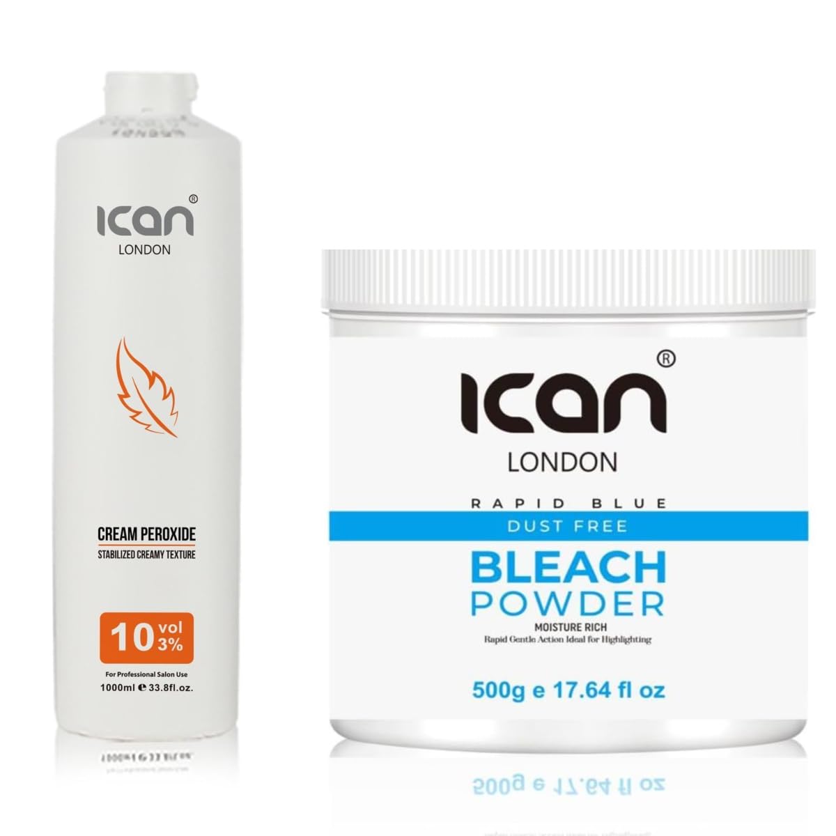 Ican London Cream Peroxide 10 Volume 3%, 1000ml + Rapid Blue Powder Bleach Jar, 500g, Combo Set, White