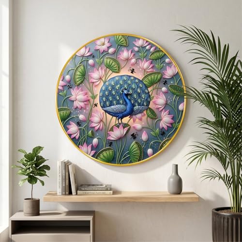 Image of SAF Peacock Lotus Wall Painting with Golden PVC Frame Round Floral Bird Art Modern Decorative Wall Decor for Living Room Bedroom Office Home Luxury Gift Item (23 x 23 Inch) GR-362