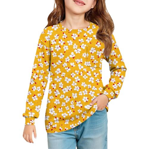 Girls' Long Sleeve Crewneck T-Shirt Soft Casual Top with Pocket Comfortable Fall Pullover for Kids