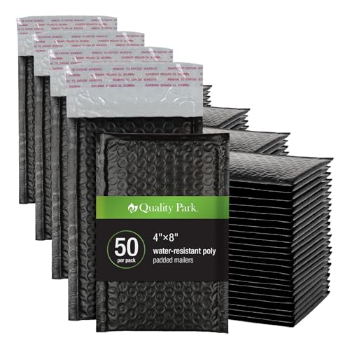 Image of Quality Park Bubble Mailers, 4 x 8 Shipping Envelopes, Self-Seal, Small Black Padded Envelopes, Redi-Strip Peel Off Closure, 50 Per Box (1002352) (Pack of 4)
