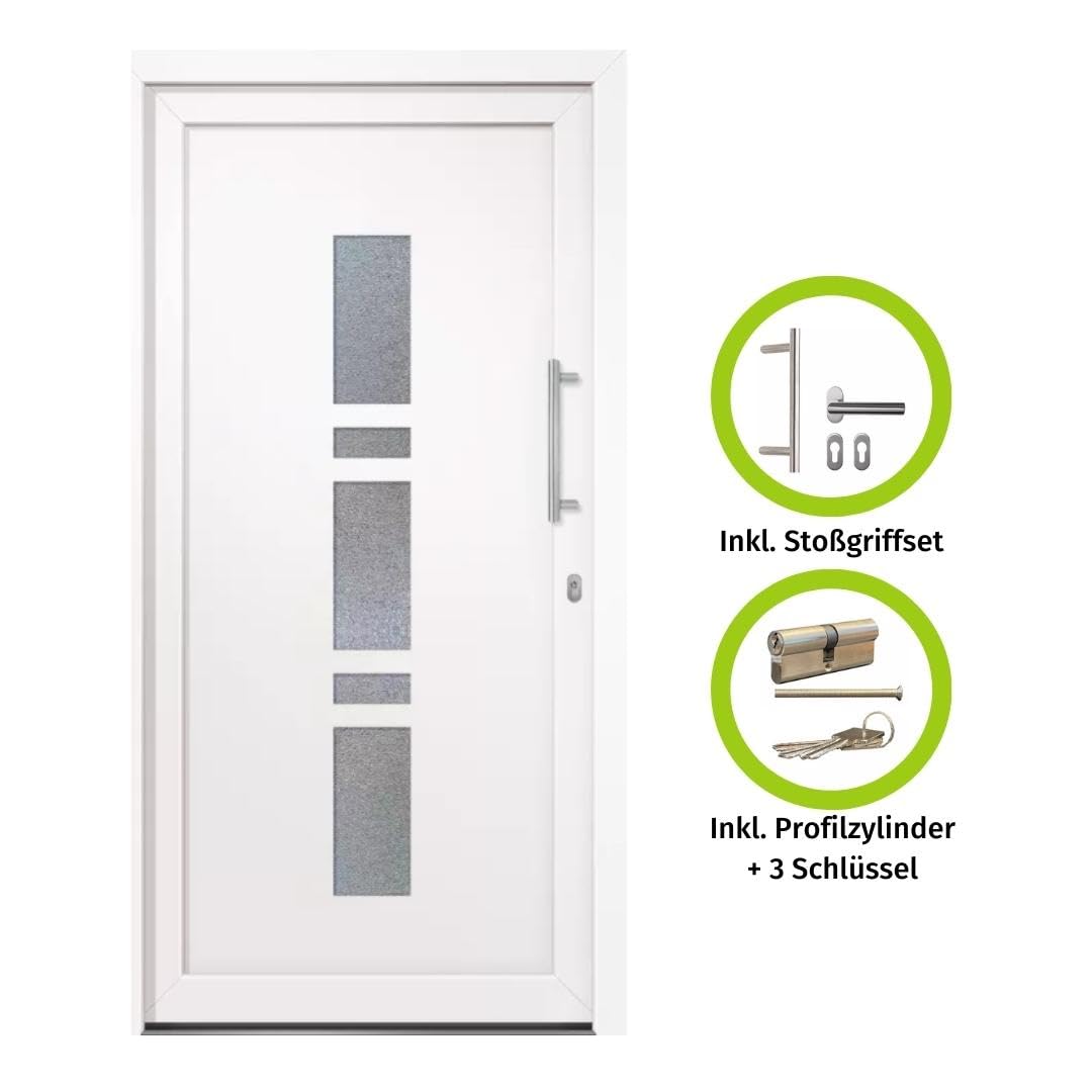HORI Eingangstür Kunststoff Komplettset - Chain – Moderne Hauseingangstür mit Stahlverstärkung, Wärmeschutz & 5-fach-Verriegelung - Farbe: Weiß - DIN rechts - Modell: - 2100 x 1000 cm